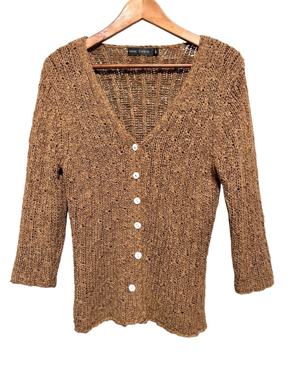 CASUAL EXPRESS Open Knit Ribbon Cardigan Boho Coastal Grandpa Camel